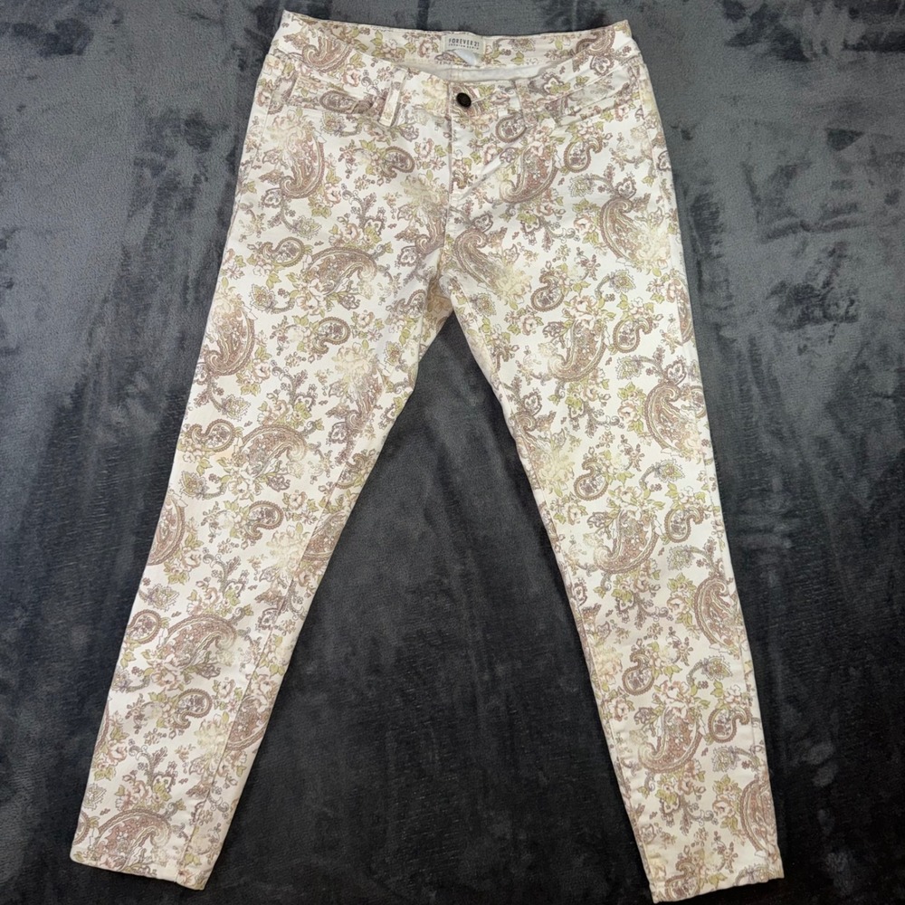 Womens 28 Forever 21 Premium Denim Pants Pink Paisley Floral Excellent Skinny